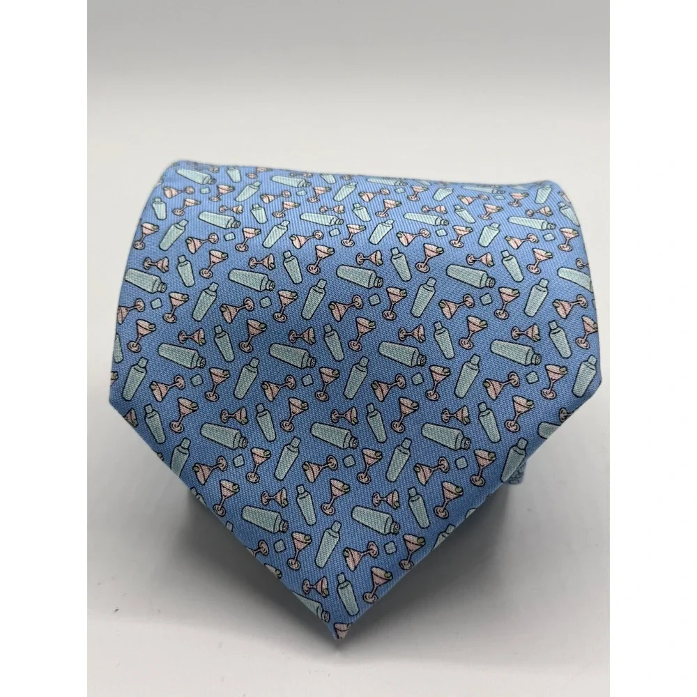 Vineyard Vines Mens Silk Tie Blue Martini Cocktail Shaker Barware Print 2003577
